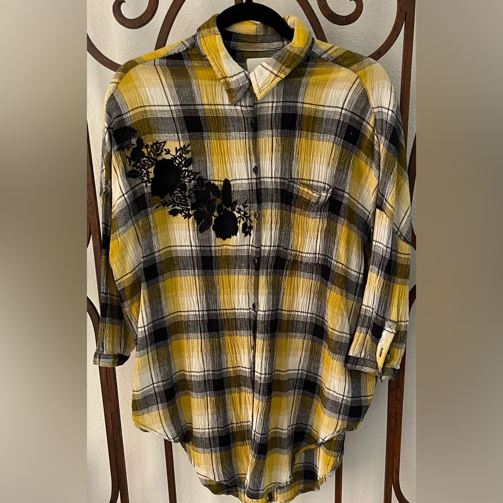🔥 Maeve Plaid Embroidered Button Down Shirt XS/S – Yellow Black Hi-Low Tunic Top - Picture 11 of 12